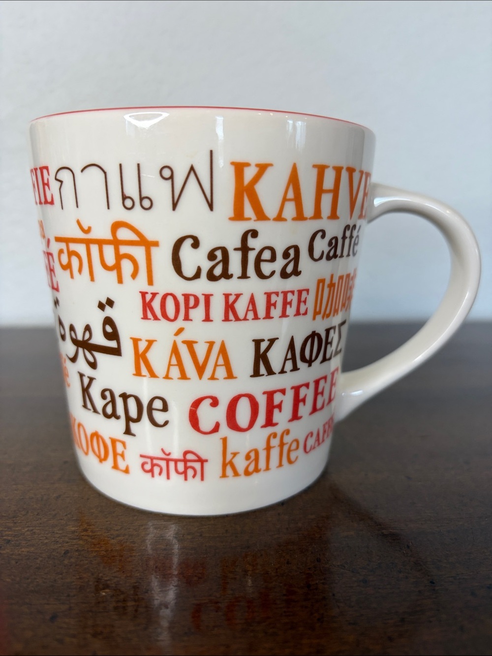 Starbucks Vintage Multilingual 'Coffee' Ceramic Mug in White with Red & Orange